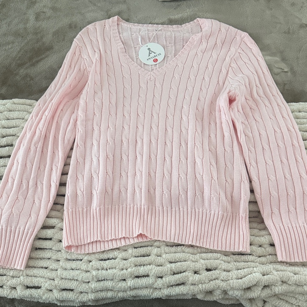 Pink Cable Knit V-Neck Sweater